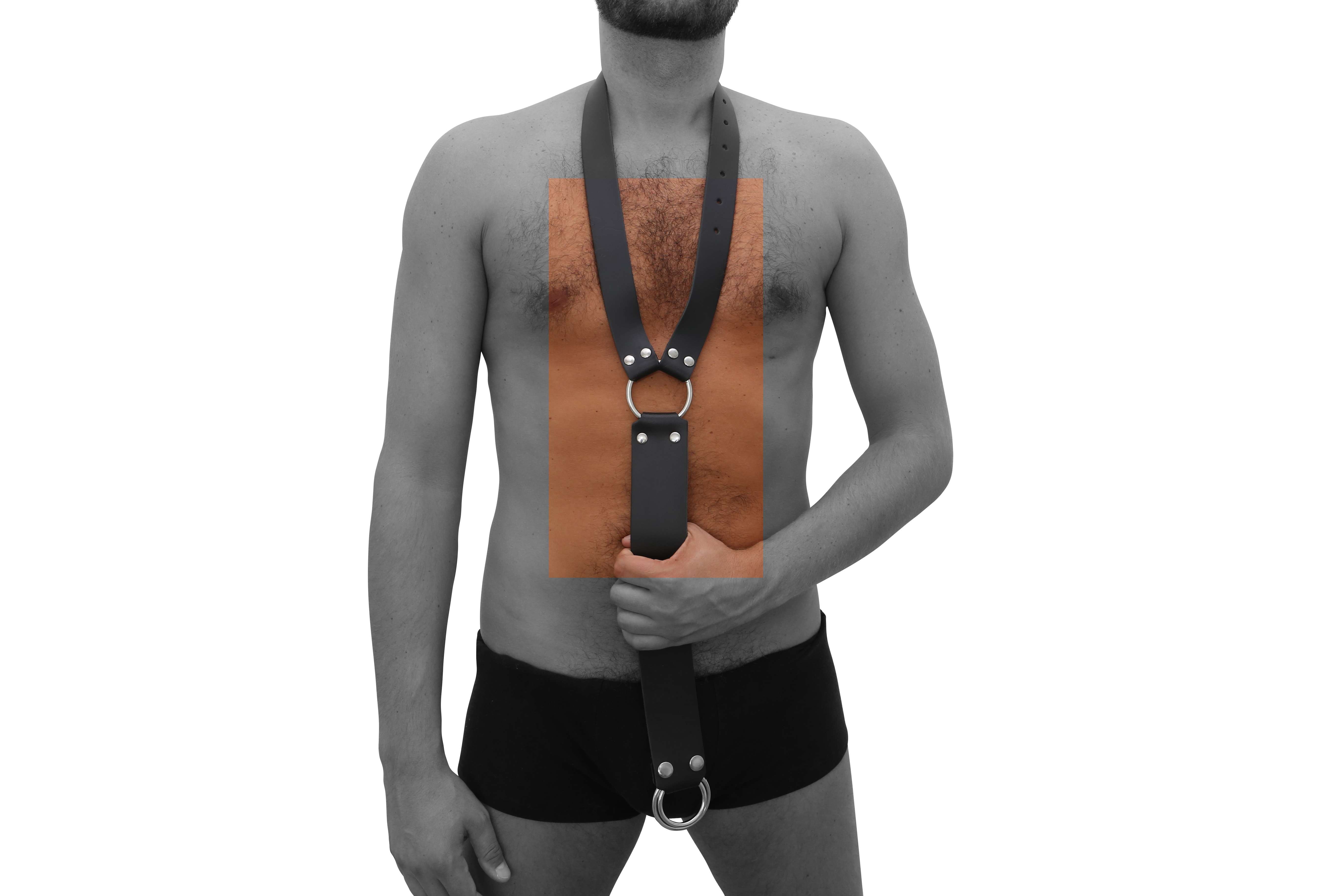 Hals Harness mit Verbindungs Gurt und wechselbaren Penis Ringen